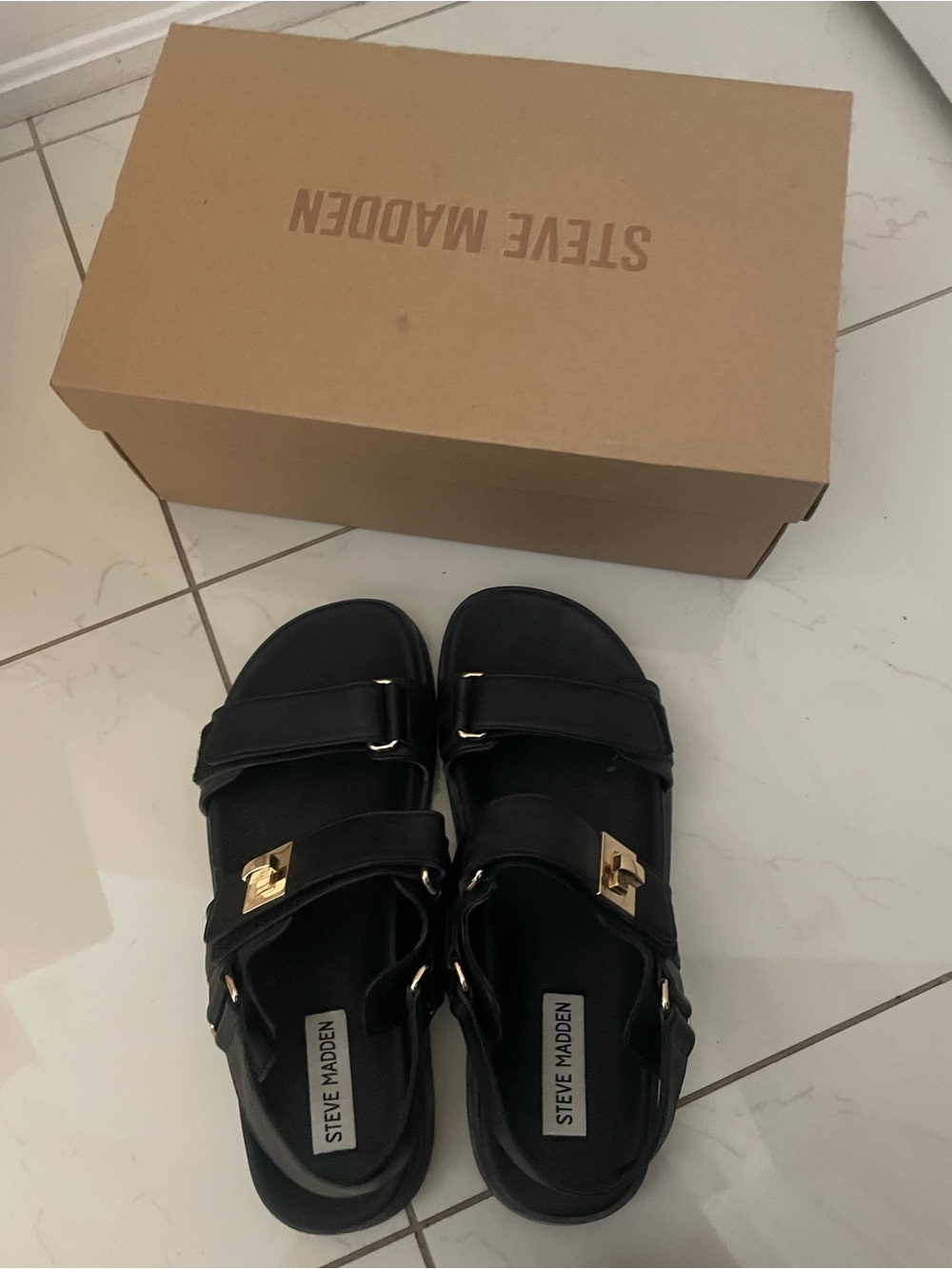 Steve Madden Black Sandals with Gold Accents